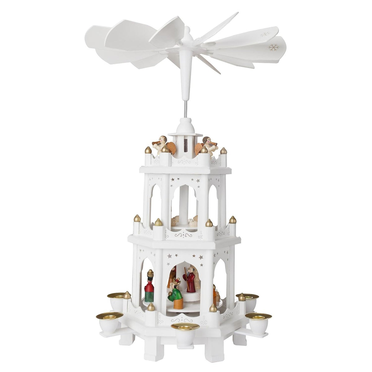 Christmas Pyramid - 18 Inches - White - Wooden Nativity Play - 3 Tier Carousel With 6 Candle Holders - Designed In Germany
