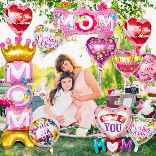 24 Pcs Mothers Day Balloons, Happy Mother's Day Mylar Balloon, Feliz Dia Mama Foil Balloons for Best Mom Ever Mom Party Birthday Decorations Supplies