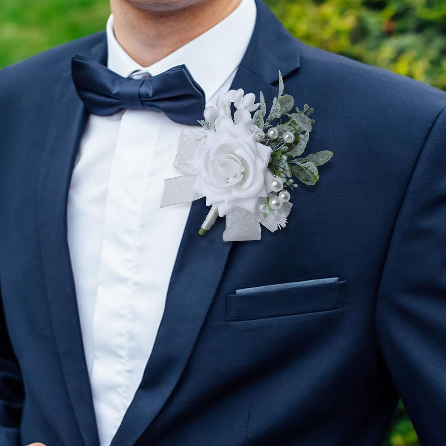 White Corsage And Boutonniere Set For Wedding, Prom, Party - Rose Wrist Artificial Flowers For Mother Of Bride And Groom (1 Set)