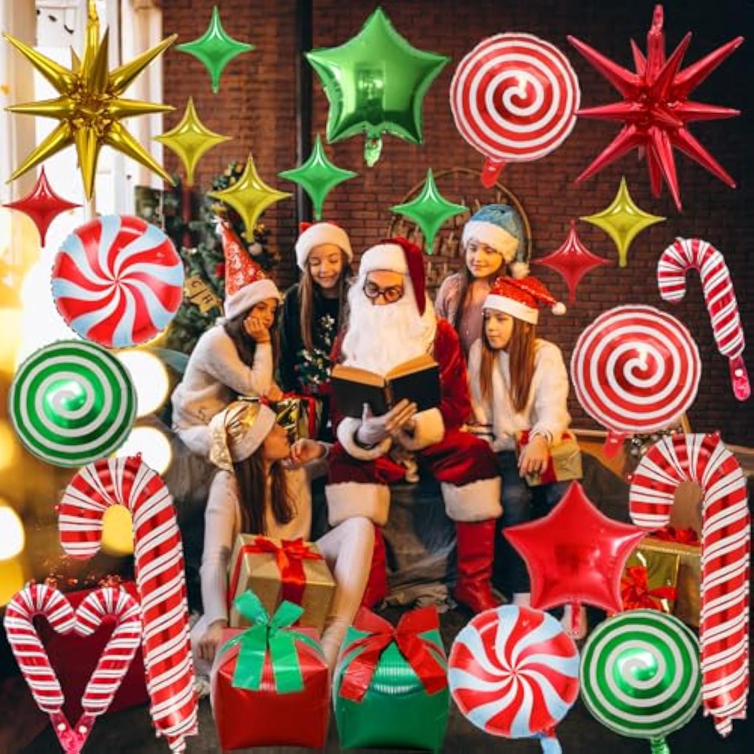 34pc Christmas Foil Balloons Candy Cane, Gift Box & Star Mylar Set