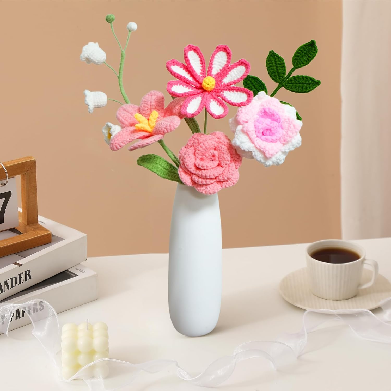 Crochet Flower Bouquet, Pink Rose Handmade Crochet Flowers Knitted Bouquet For Anniversary Birthday Party Mother'S Day Graduation Gifts For Her, Girlfriend, Wife, Women (Pink)