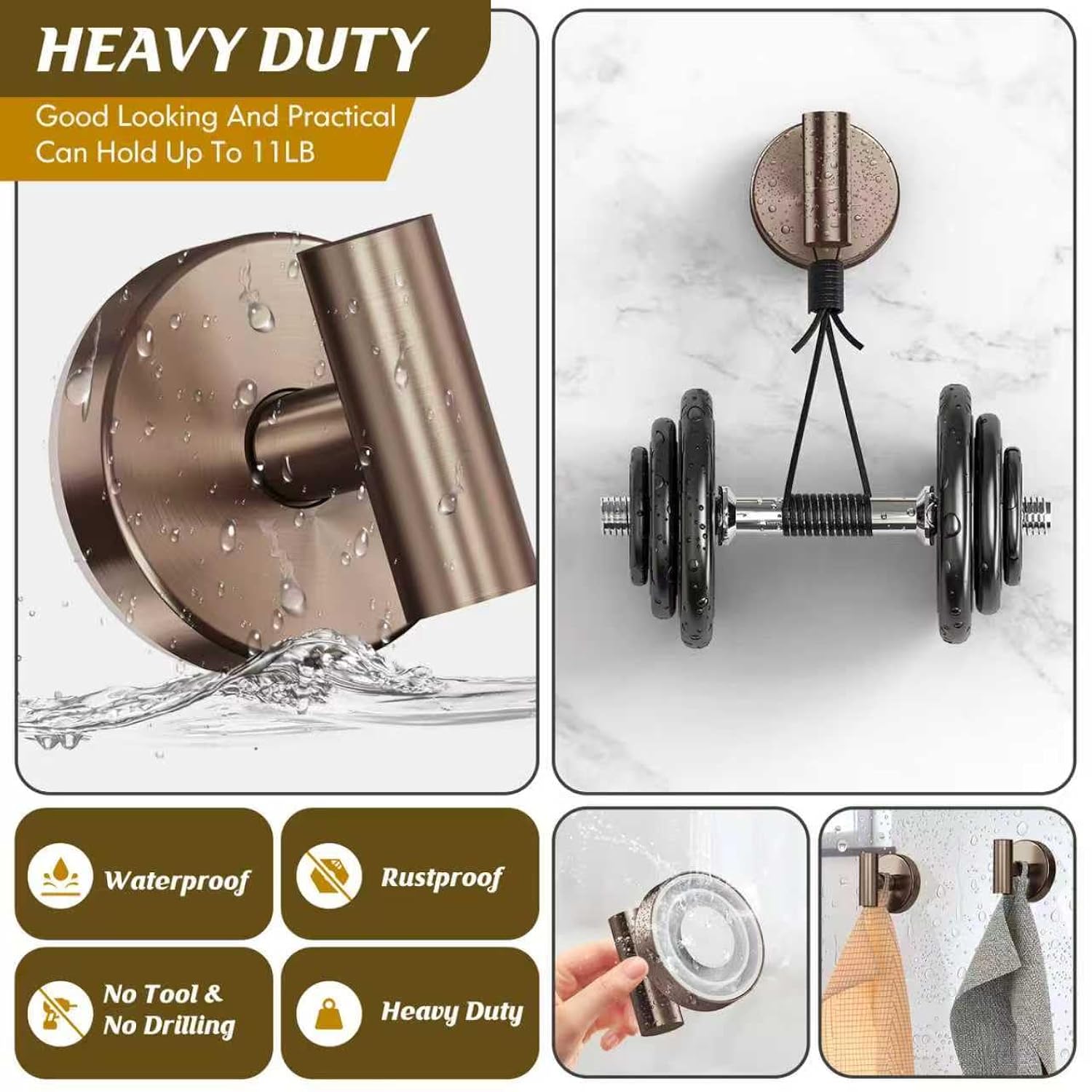 Suction Cup Hooks For Shower,Heavy Duty Shower Towel Suction Hooks,No Drill Wall Mounted Towel Hooks For Bathrooms Wall,Kitchen,Glass,Mirror,Tile To Hang Towels,Robes,Coat-Champagne Bronze(2 Pack)