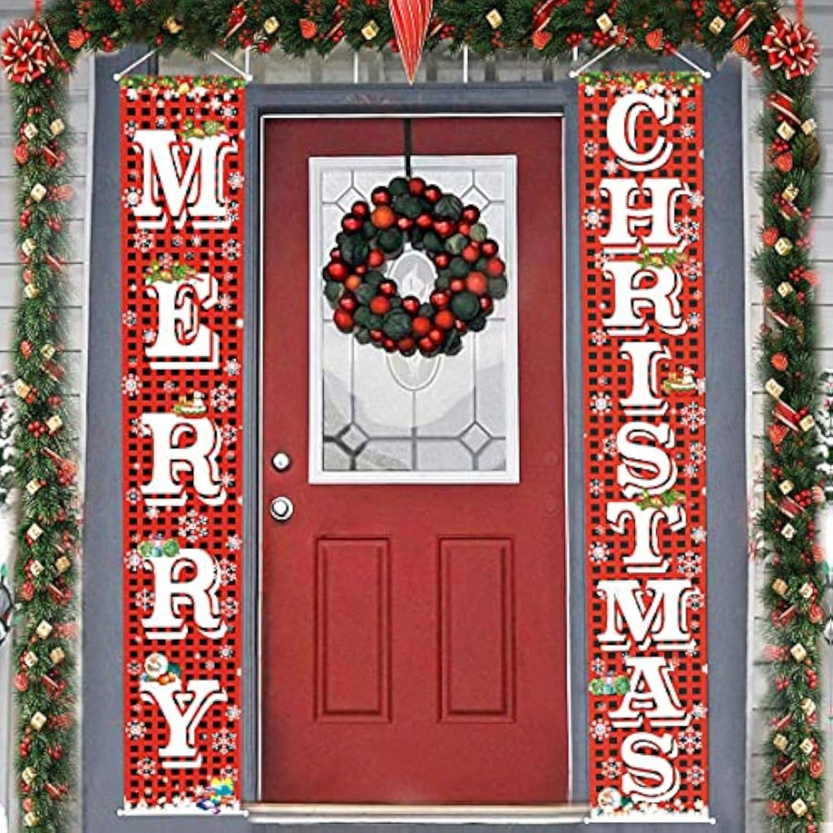 Merry Christmas Hanging Banner Porch Sign With Pattern Christmas Tree Presents Snow Banner For Home Yard Indoor Outdoor Wall Door Christmas Party Decorations 72"X12"