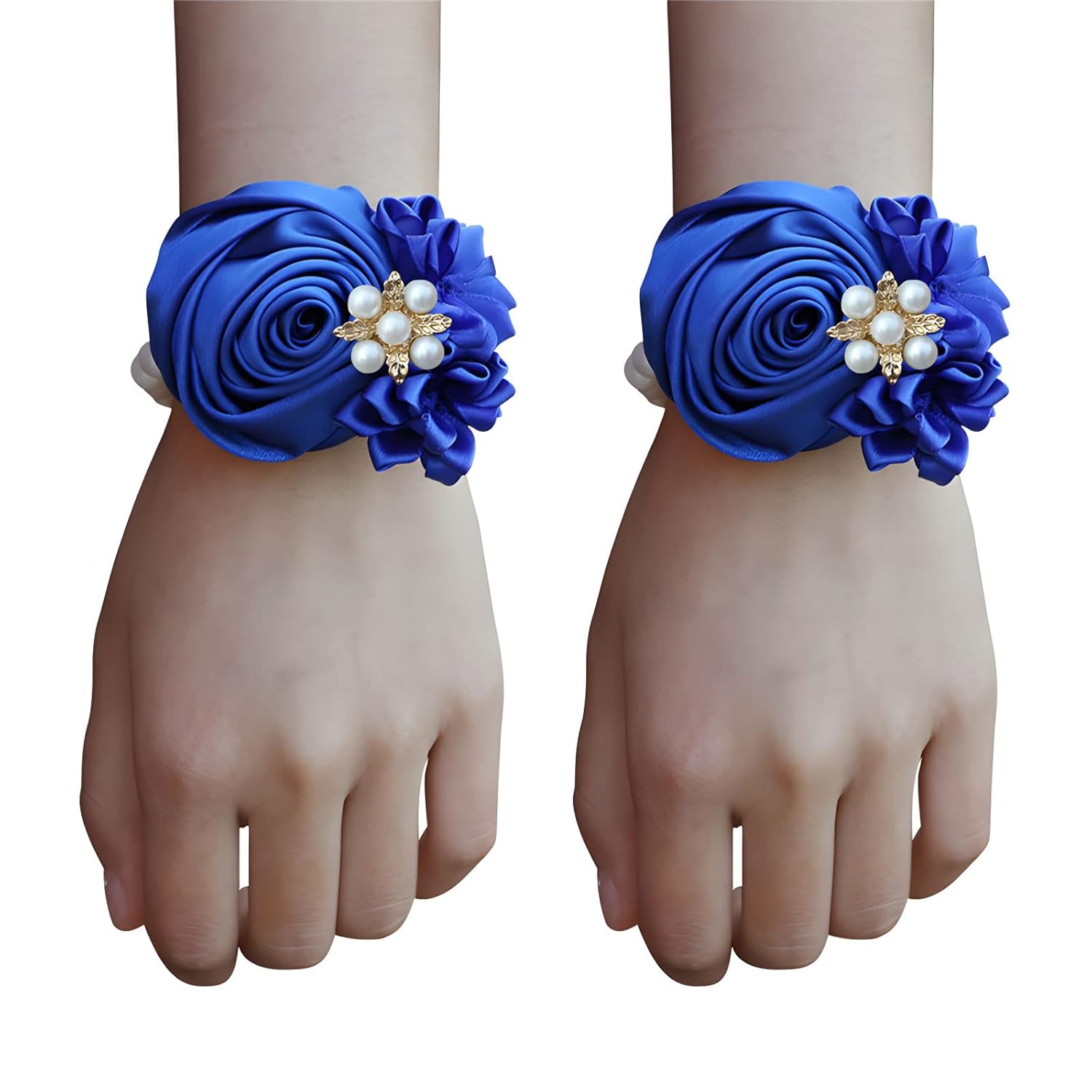 Satin Rose Bridal Wrist Corsage 2Pcs Set Hand Flower For Wedding Bride Bridesmaid Mother Sisters Wristband For Prom, Homecoming, Quinceanera, Tea Party, Bridal Shower, Formal Dinner, Blue