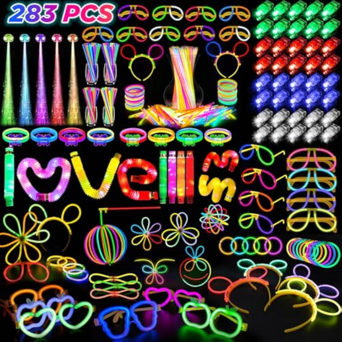 Glow In The Dark Party Favors For Adults Kids, 27 Carnival Accessories, 56 Led Light Up Toys Bulk, 100 Glow Sticks Party Pack, Neon Party Supplies & Decorations