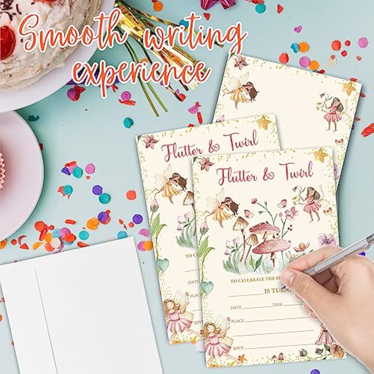 Fairy Theme Birthday Invitations, Flutter & Twirl Birthday Party Invite Cards For Boys & Girls - 20 Double Side Fill-In Invites With Envelopes, Party Favor & Decorations - A19