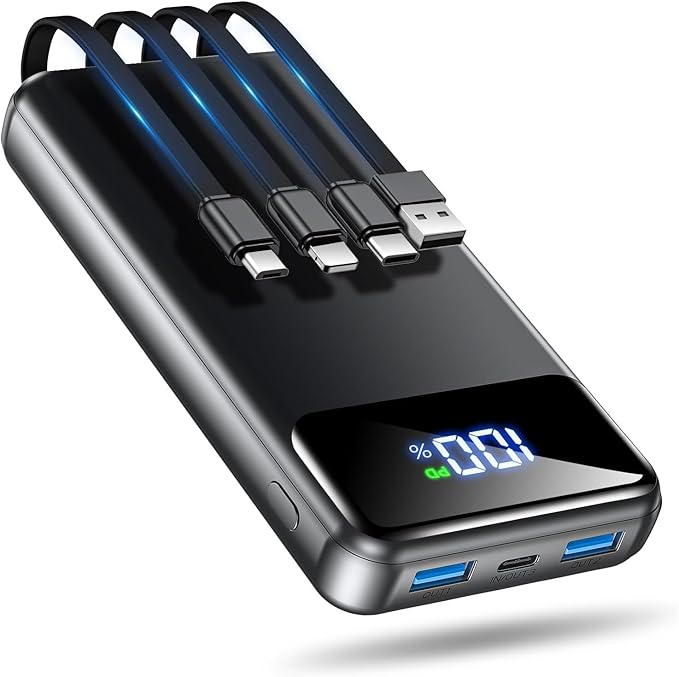 50000mAh Portable Power Bank 22.5W Fast Charger with 4 Built In Cables 6 Device