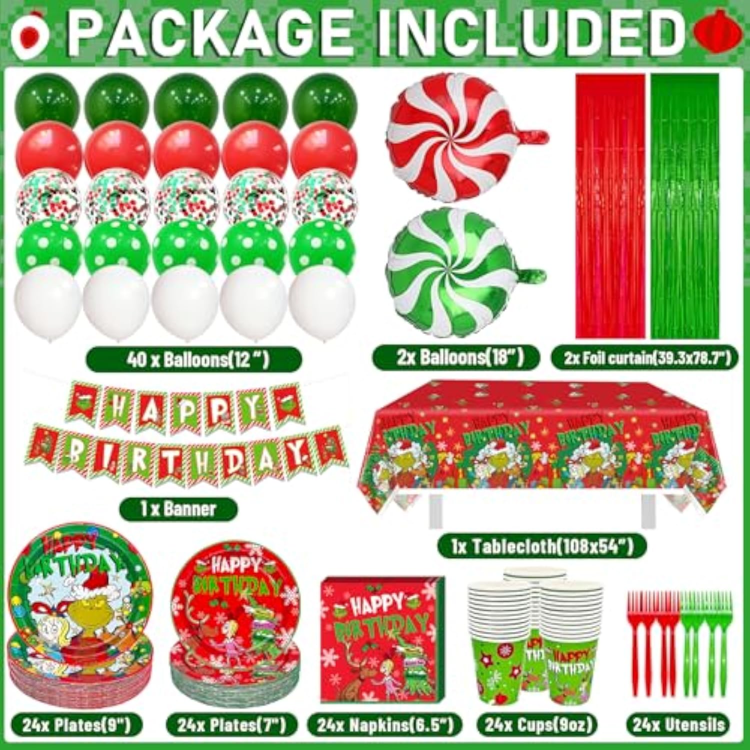 182Pcs Christmas Birthday Banner And Decorations - Green Monster Christmas Birthday Party Supplies With Bnaner, Paper Plates, Balloons, Tablecloth, Napkins, Forks Cups And Foil Curtains