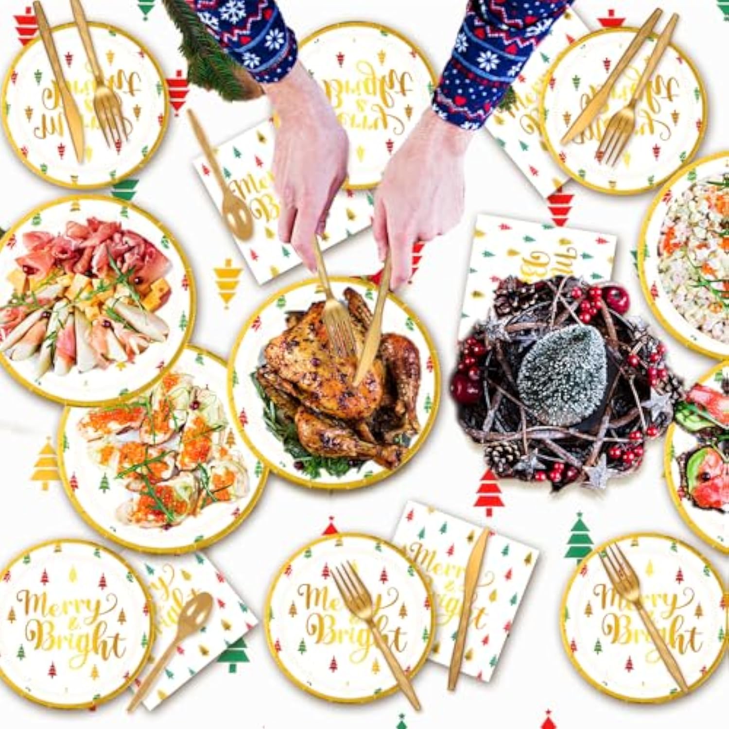 195 Pcs Christmas Party Supplies Disposable Tableware Set Christmas Plates Tablecloth Banner Napkins Cups Forks Knife Spoons Xmas Dinnerware For 24 Guests Holiday Decorations(Merry Bright)
