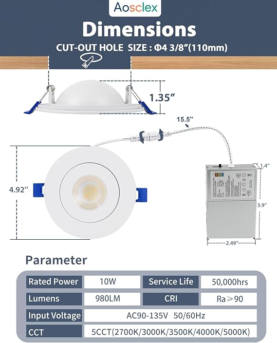 12 Pack 4 Inch Adjustable LED Recessed Lights 10W 980LM 5CCT Dimmable White
