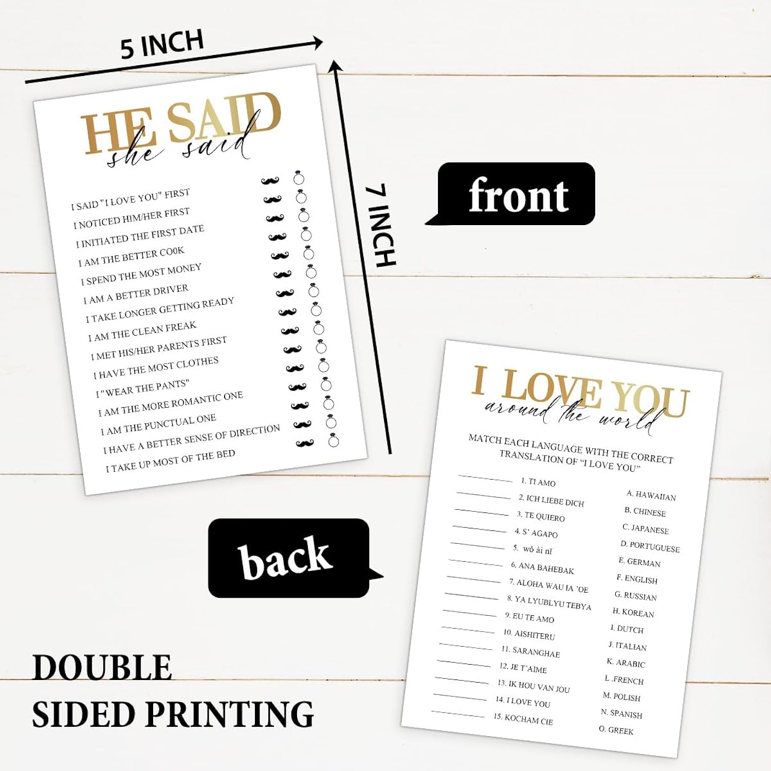 60 Pcs Gold Bridal Shower Game For Guest, Wedding Engagement Party Supplies, Included 4 Games - I Love You Around World, He Said She Said, Wedding Shoe Game, Wedding A-Z, Double-Sided