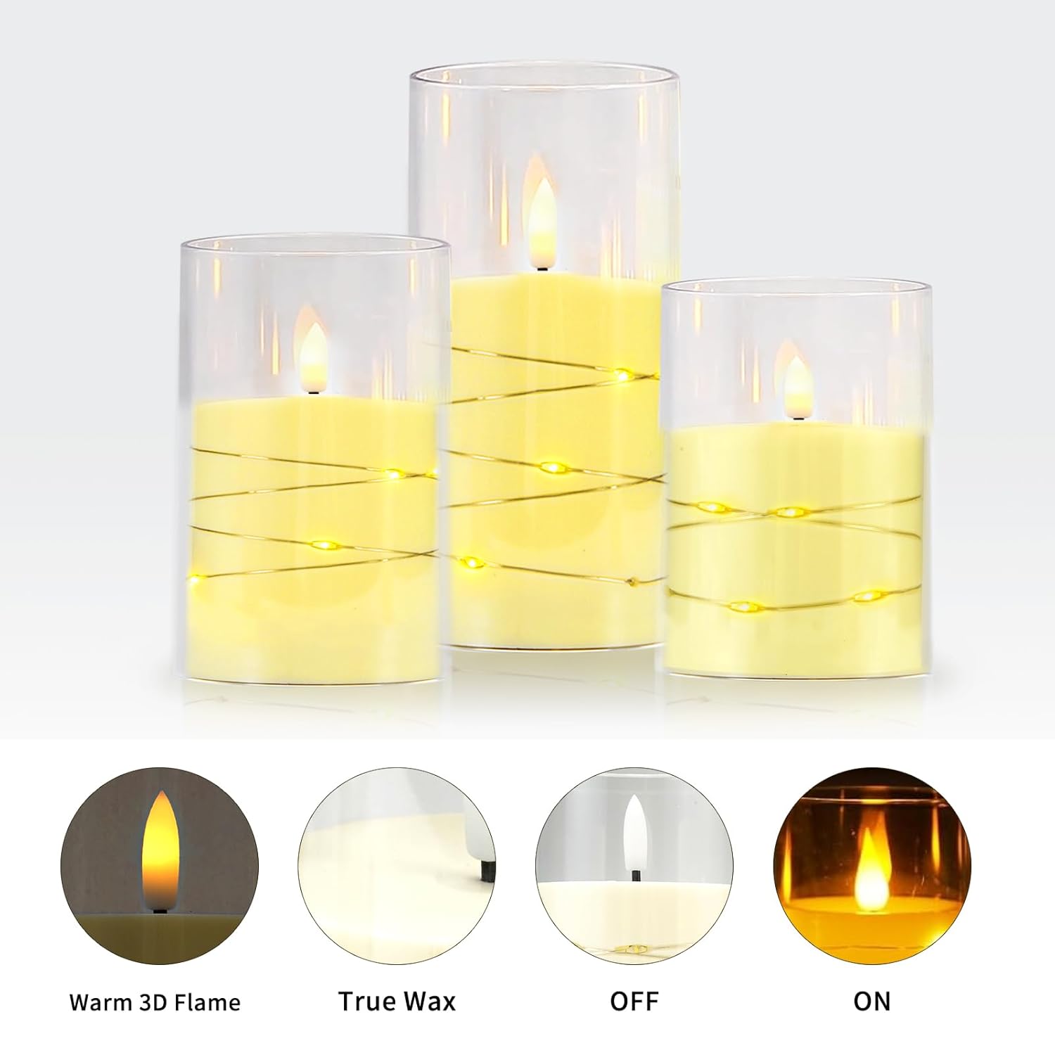 Flickering Flameless Candle With Star String Lights,Acrylic Battery Operated Pillar Candles With Remote Control For Romantic Mood Festival Wedding Home Party Decor - 3 Pack Pure White
