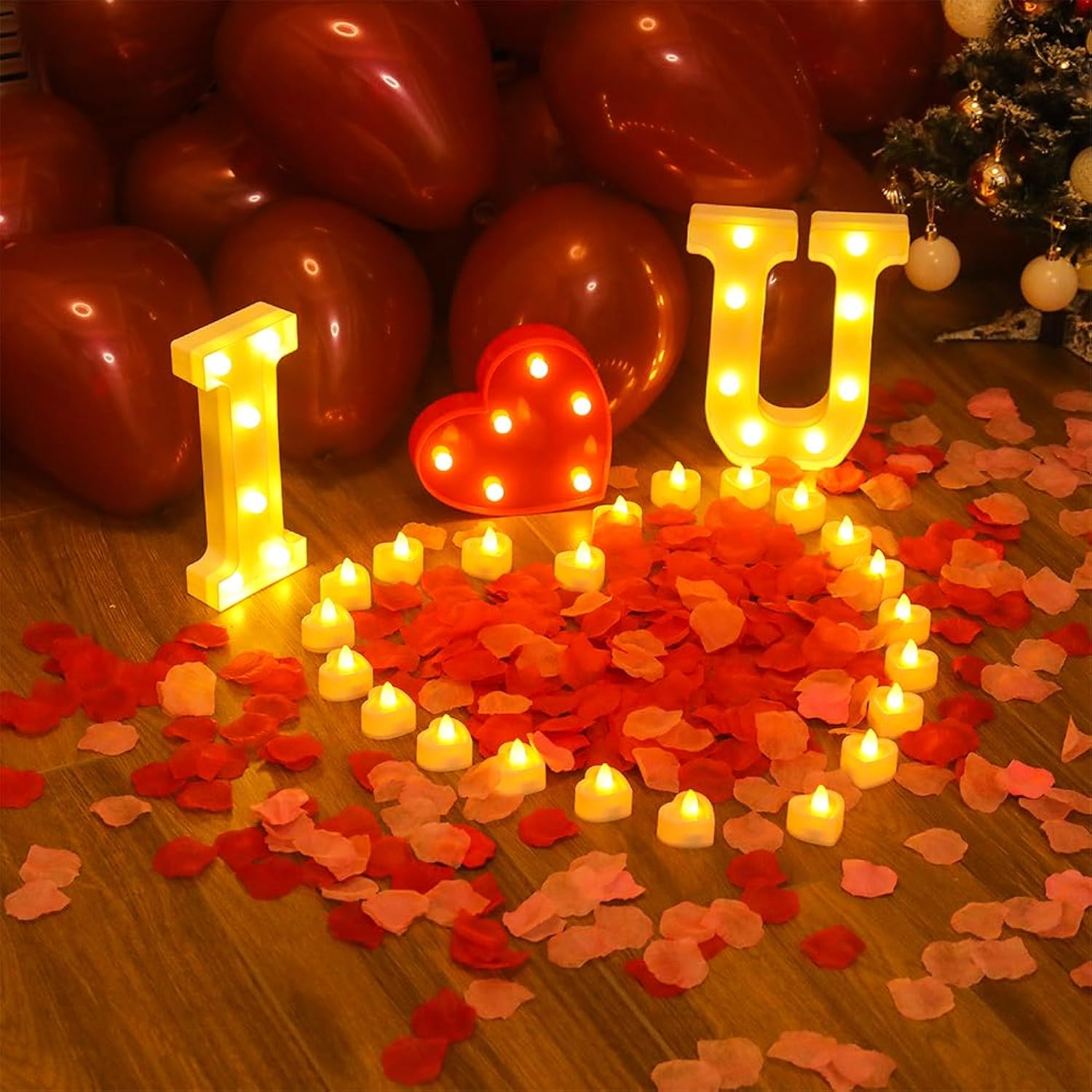 I Love U Light Letters Valentine Day Red Light Letters 24Pcs Flameless Candles 1000Pcs Fake Rose Petals 30Pcs Red Balloons 1Pcs Love Balloons For Valentine'S Day Decoration