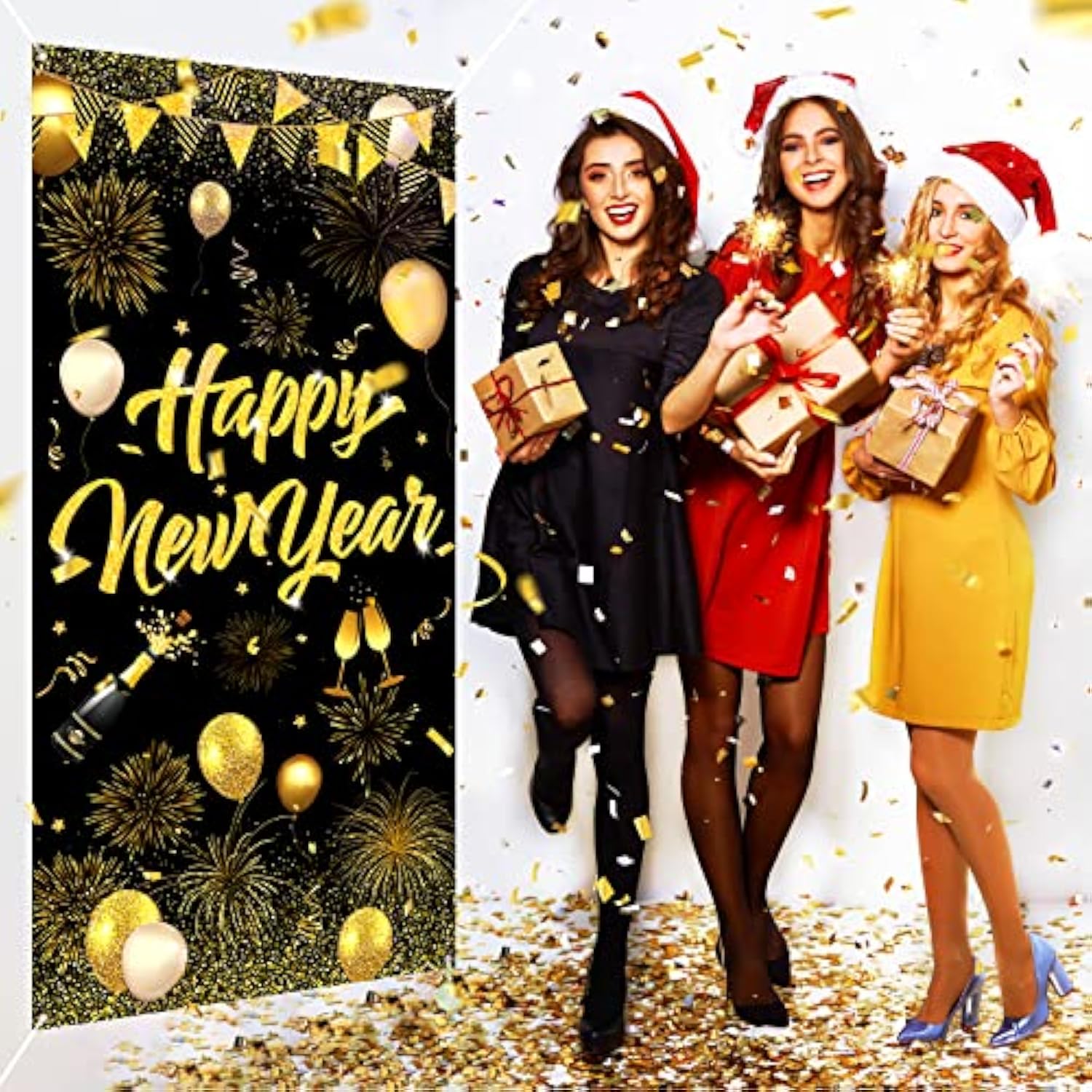 Happy New Year 2025 Door Banner Black Gold Hanging Party Decor 73x36In