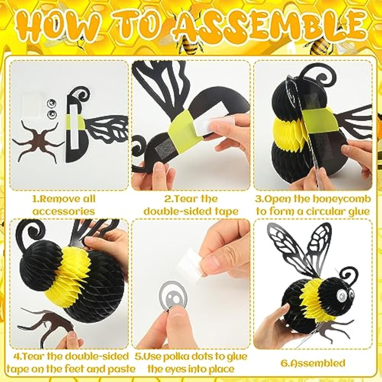 6 Pcs Bee Party Decorations 8'' Tissue Bee Honeycomb Hanging Decor For Baby Shower Gender Reveal Birthday Table Centerpieces Honey Hive Decoration, 8'' X 10''