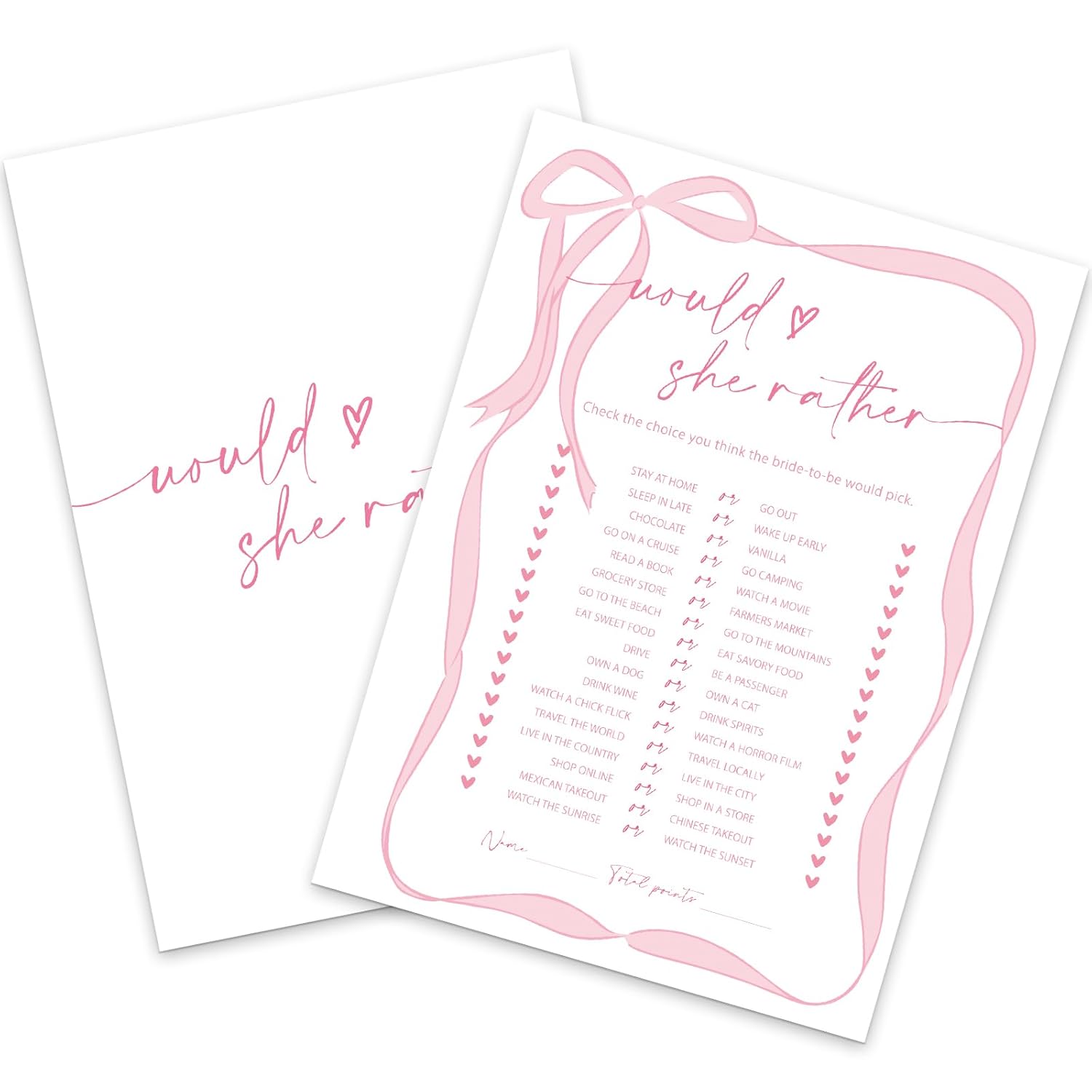 50 Sheets Pink Bow Bridal Shower Game Cards Would She Rather Double Sided Party Game Activity Cards For Coquette Bachelorette Wedding Party Games Supplies