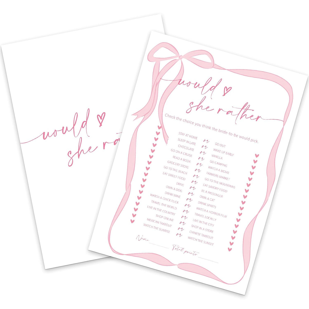 50 Sheets Pink Bow Bridal Shower Game Cards Would She Rather Double Sided Party Game Activity Cards For Coquette Bachelorette Wedding Party Games Supplies