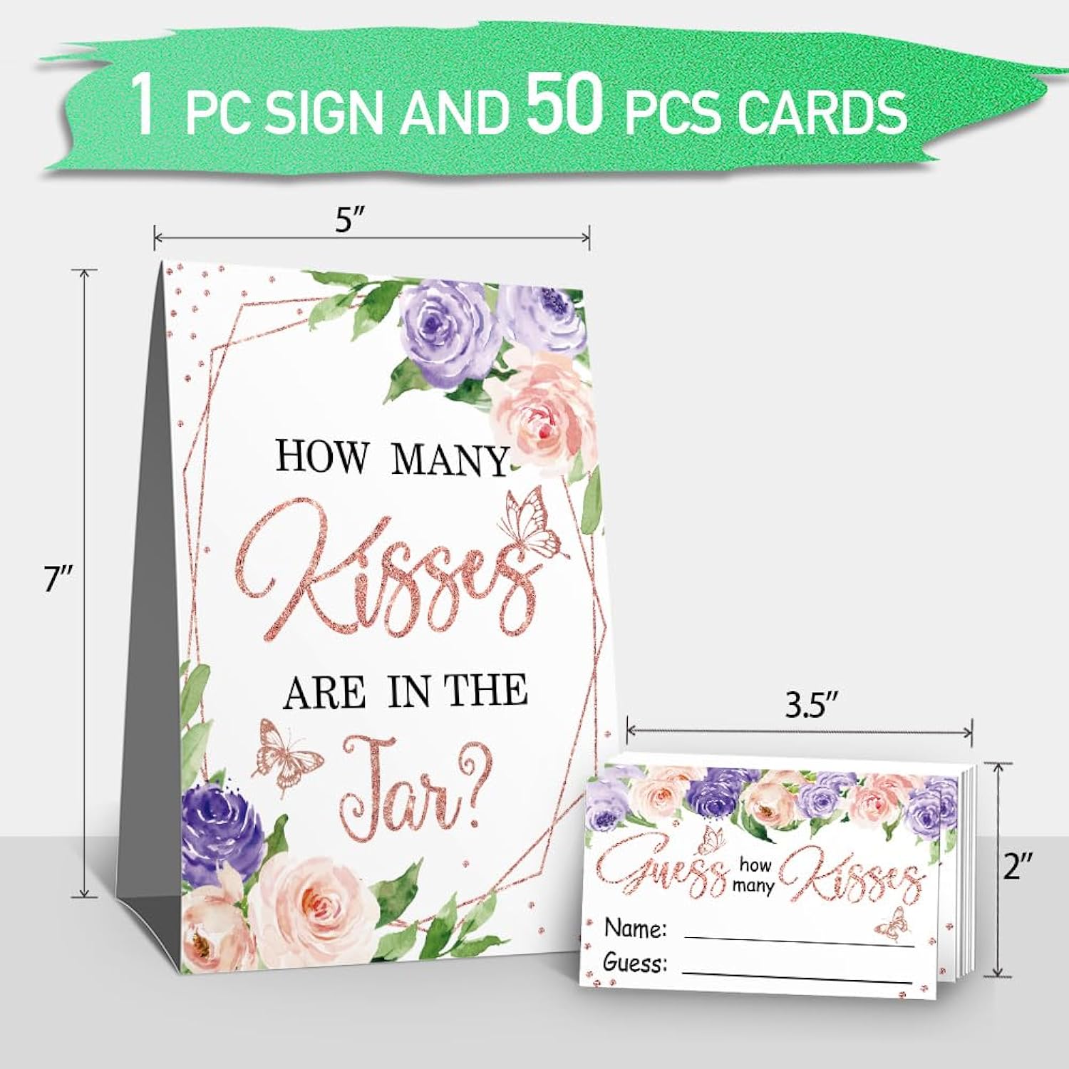 How Many Kisses Bridal Shower Party Game Kit(1 Standing Sign-50 Guessing Cards) Purple Floral Games And Favors For Guests, Bridal Shower Wedding Games Cards For Bride Groom Bachelorette Party Wedding Party Favor
