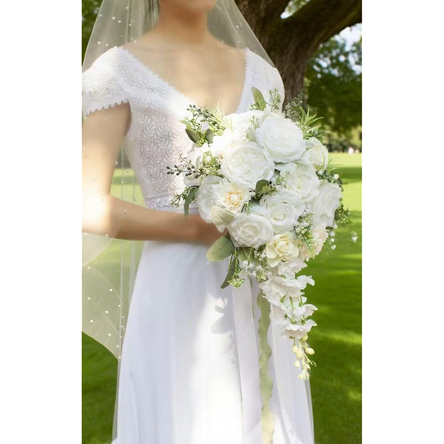 12 Inch Cascade Wedding Bouquets For Bride, Ivory & Champagne Cascading Bridal Bouquet For Wedding Silk Artificial Flowers