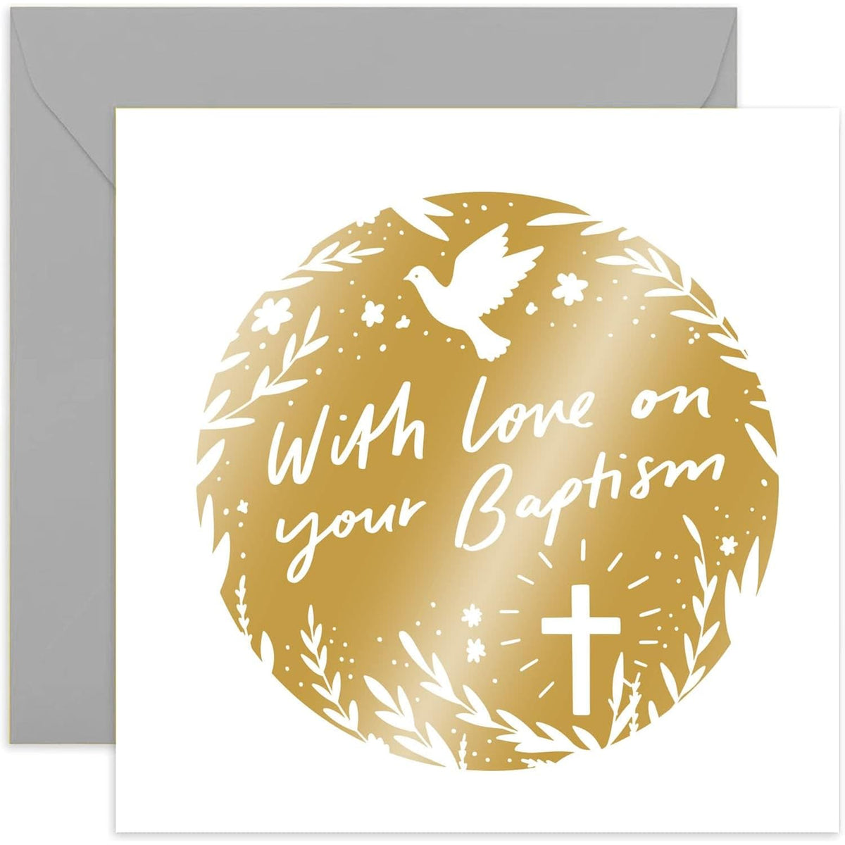Old English Co. Gold Baptism Card - Floral Dove Cross Design Greeting Card For Adult Or Child - On Your Baptism Day Card For Girl Or Boy - Goddaughter Godson | Blank Inside With Envelope