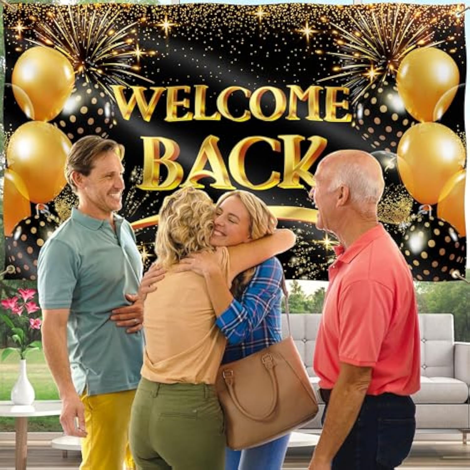 Welcome Back Banner - 5X3 Ft, Black & Gold - Homecoming, Reunion, Baby Shower Decorations, Double Stitched Polyester, Outdoor/Indoor Use