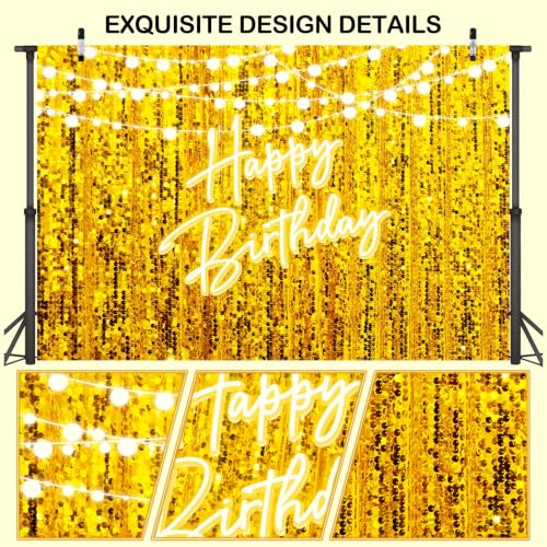 Gold Happy Birthday Backdrop Banner Golden Neon Bday Sign Party Decoration