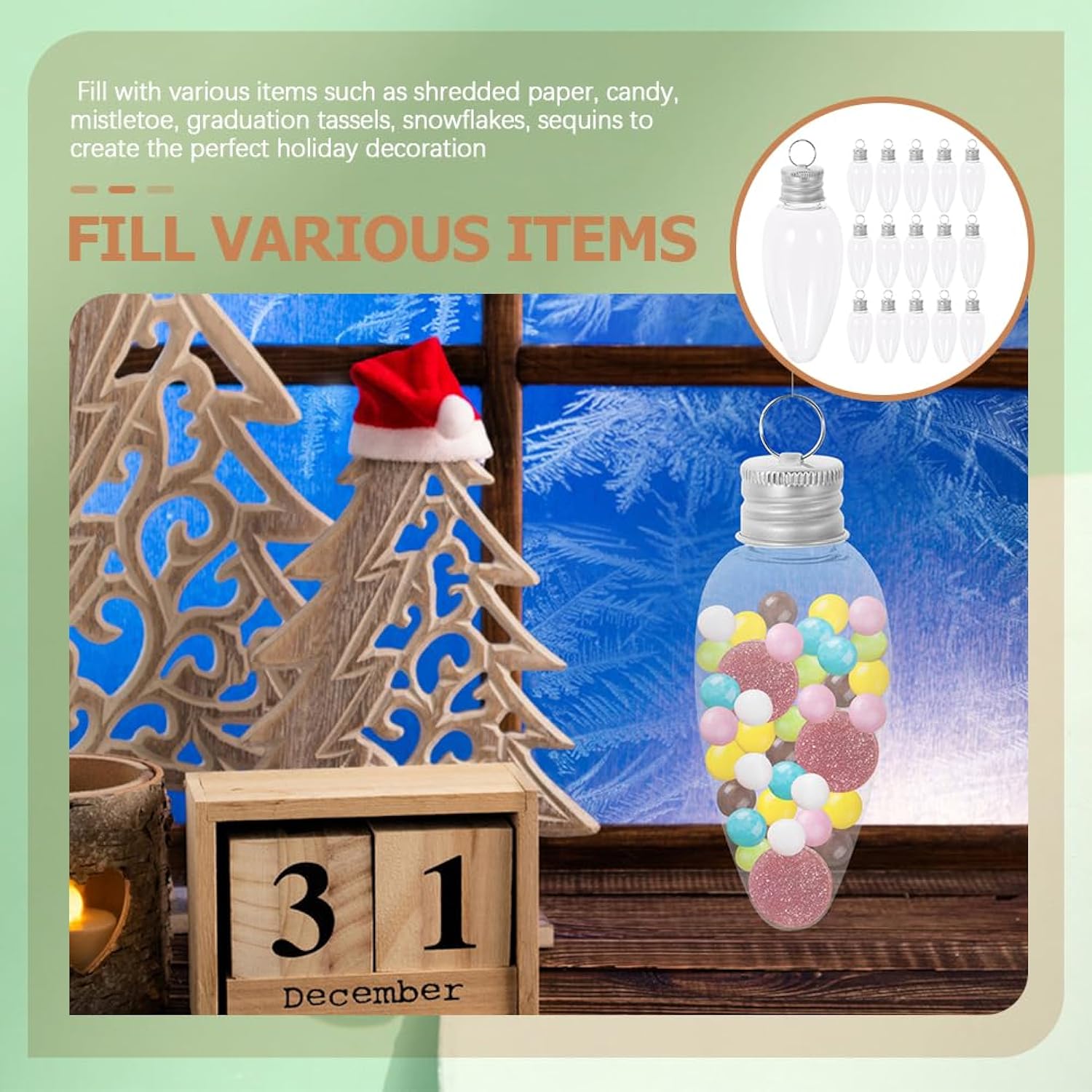 Small Light Bulb Candy Bottle Ornament Container Cajitas De Para Stocking Stuffer Hanging Light Fillable Bulb Clear Christmas Baubles Candy 24Pcs