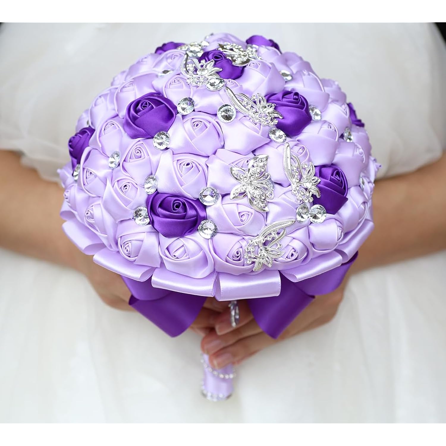 7.1" Handmade Satin Rose Bridal Bouquet Toss Round Wedding Bouquet Throw Toss Artificial Flower Bunch Light Purple + Purple