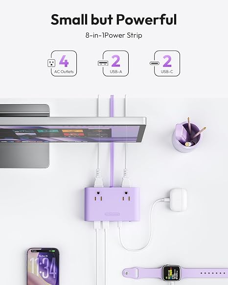 Flat Plug Power Strip 4 AC Outlets 25W USB C 5 Ft Extension Cord Desktop