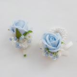 Boutonniere Corsage Set, Artificial Flowers Accessories For Wedding Prom Party Homecoming Celebration Suit Decorations-2 Pieces Light Blue+White