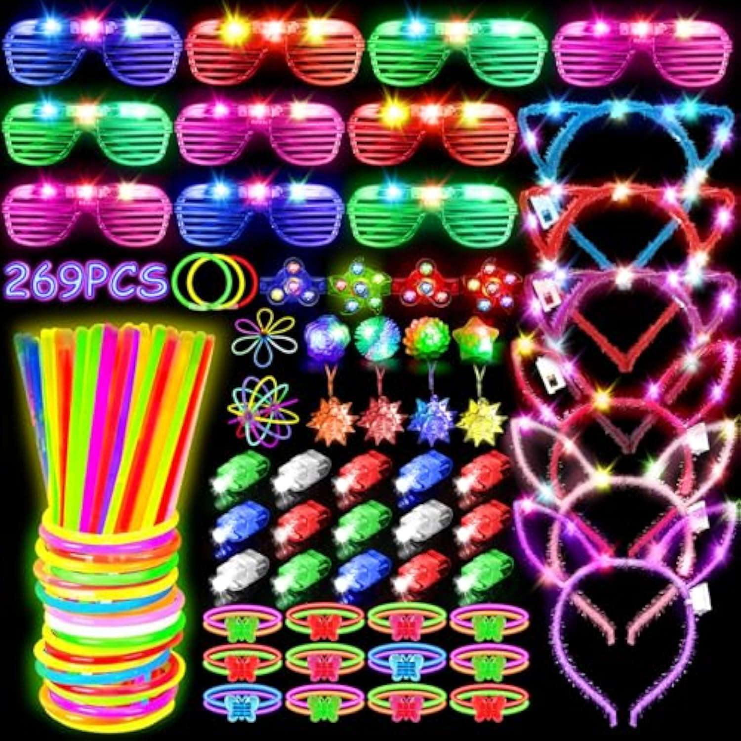 269-Piece LED Light-Up Party Favors with Glow Sticks, Glasses, and Toys