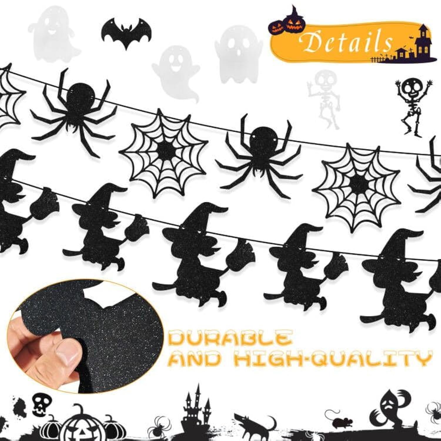 Halloween Banner Garland 5 PCS Bat Ghost Skeleton Witch White Black Glitter Decor