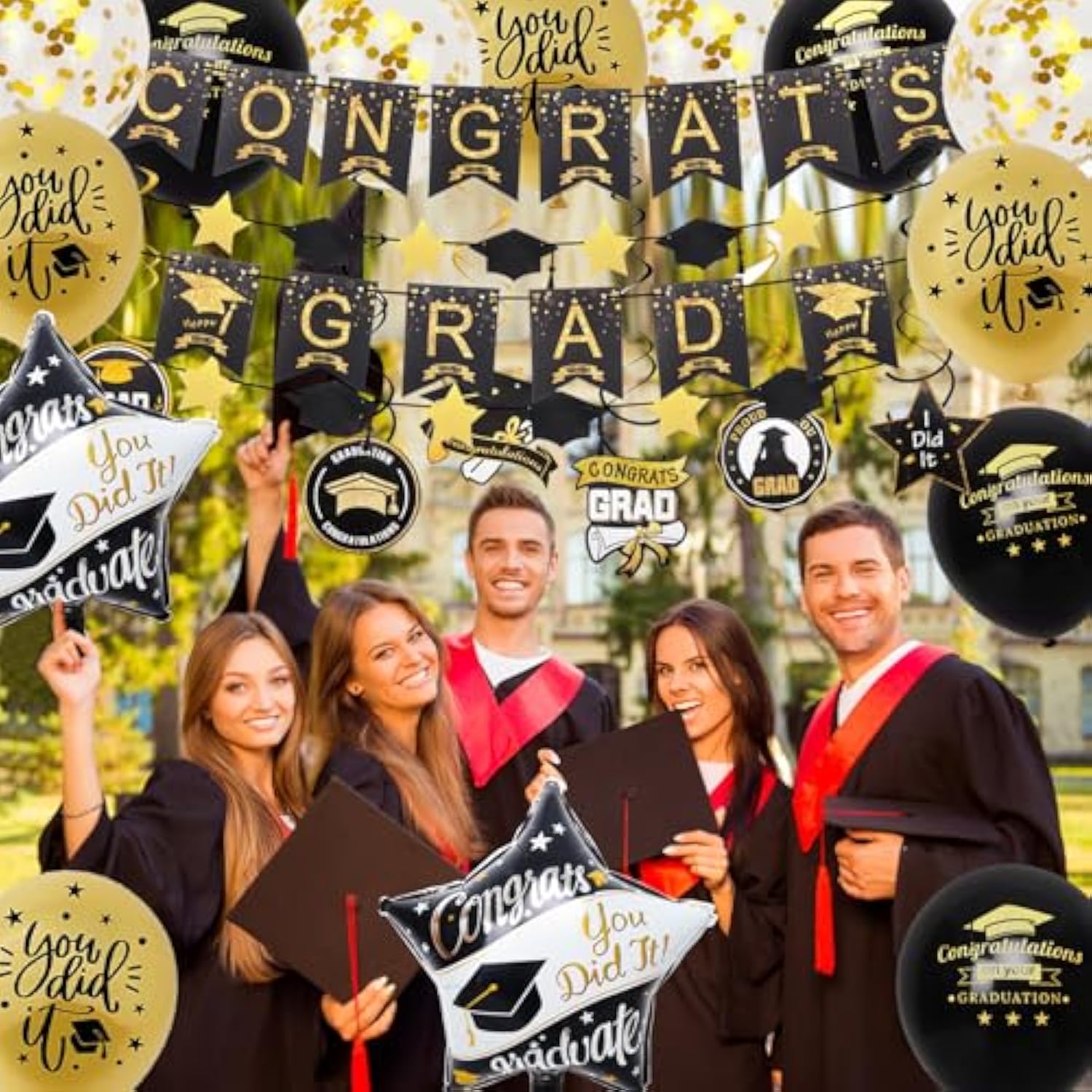 Graduation Decorations Class Of 2025, 12Pcs Black And Gold Balloons With Swirl And Garland Congrats Grad 2025 Banner For College High School Graduation Party Supplies