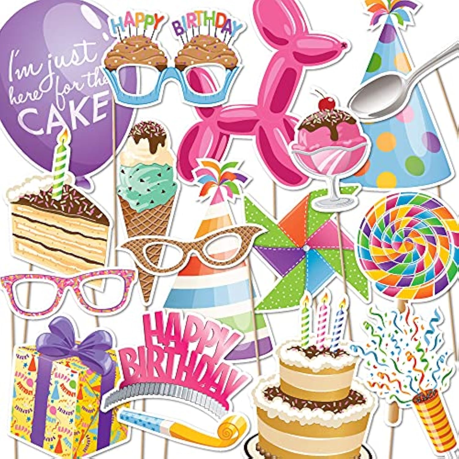 Happy Birthday Party Photo Booth Props | 18 Piece Set By Paper And Cake | Includes Cake, Balloon, Candles, And More | Perfect For Birthday Celebrations