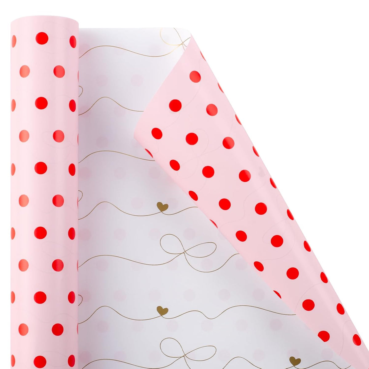 Red Polka Dot Wrapping Paper,Reversible Pink Gold Elegant Bow & Heart Gift Wrap Suitable For Birthday,Girls,Baby Shower,Wedding (17 Inch X 32.8 Feet)