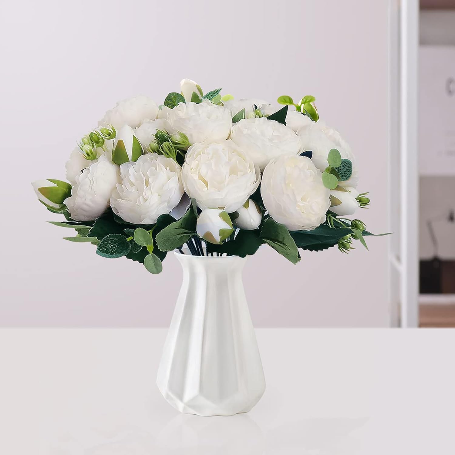 Peonies Artificial Flowers 4 Pcs Peonies Bouquets 20 Heads Silk Fake Flowers For Home Window Wedding Party Decoration(White),Vase No Included