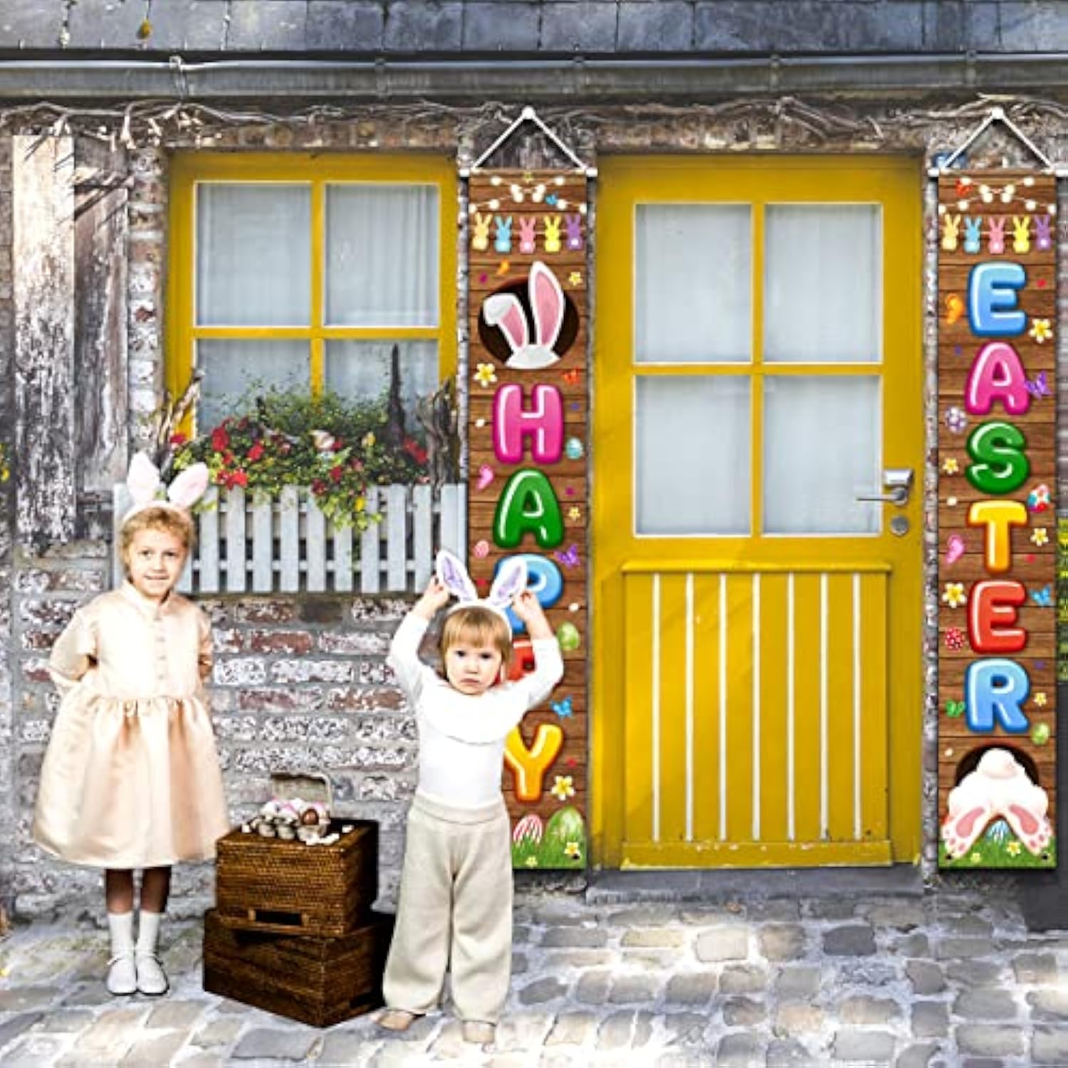 Easter Party Supplies-Happy Easter Porch Sign Banner,2Pcs Happy Easter Front Door Hanging Welcome Banner For Spring Theme Easter Bunny Door Decoration