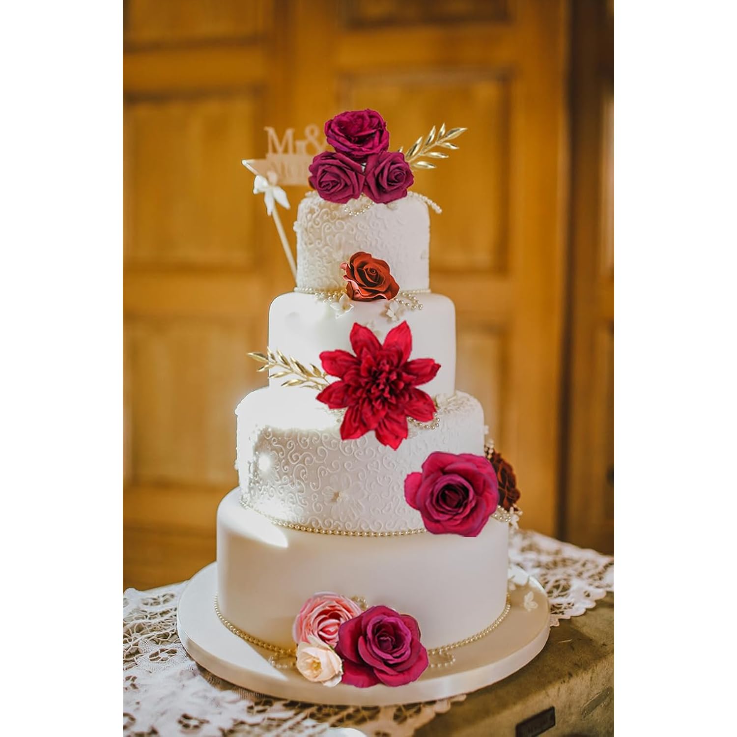 Artificial Flowers, Fake Cake Flowers Silk Roses With Stems Faux Burgundy Dahlia Wedding Bridal Bouquets For Table Centerpieces Floral Arrangement Arch Home Decoration