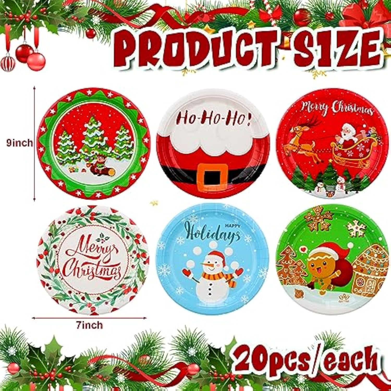 120 Pcs Christmas Plates Paper Dessert Disposable Plates Santa Snowman Christmas Wreath Reindeer Gingerbread Man Design, For Christmas Party Supplies Christmas Decorations, 6 Styles (9 Inch)