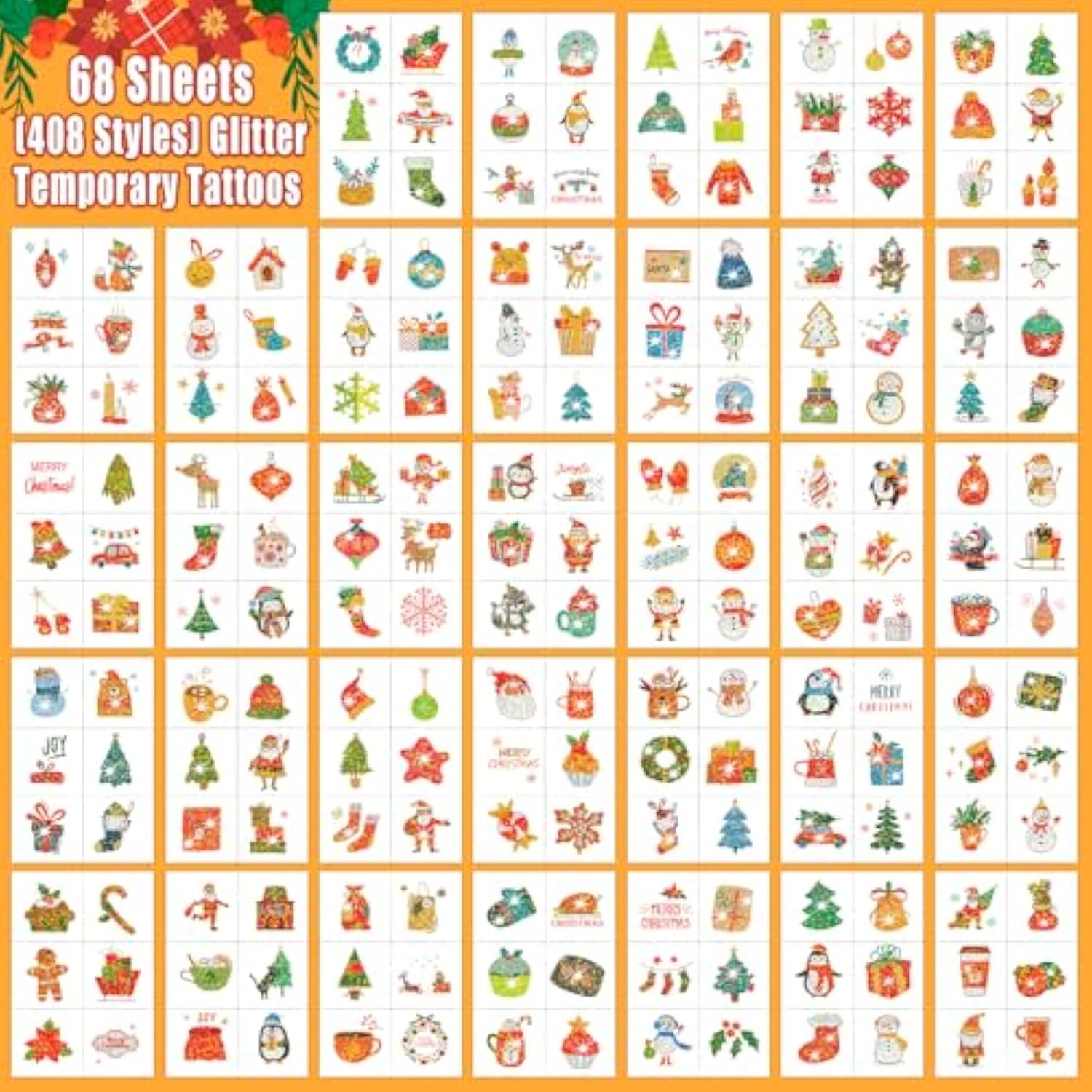 Glitter Kids Tattoos For Christmas Stocking Stuffers, 408 Styles Merry Christmas Party Decorations, Xmas Holiday Party Supplies, Santa Snowman Snowflakes Goodie Bag Fillers