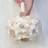 Ivory And Champagne Bridal Wedding Bouquet With Rhinestone Brooch Pearl String Cascade Bouquet For Bride Bridesmaid Quinceanera Satin Rose Flower Bouquet Wedding Champagne And Ivory 8.7In
