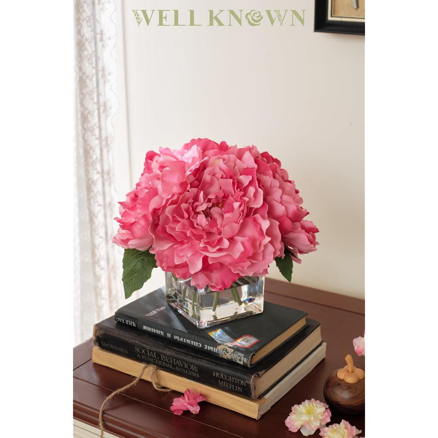 Artificial Peonies Flowers Arrangements In Cube Glass Vase, Wellknown Silk Flower Centerpieces For Dining Room Table, Coffee Table Decor, Faux Peony Flowers With Faux Water (Fuchsia)