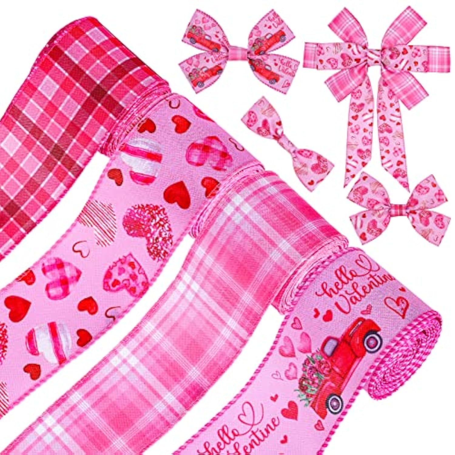 Valentine'S Day Wired Edge Ribbon Heart Truck Buffalo Plaids Fabric Ri