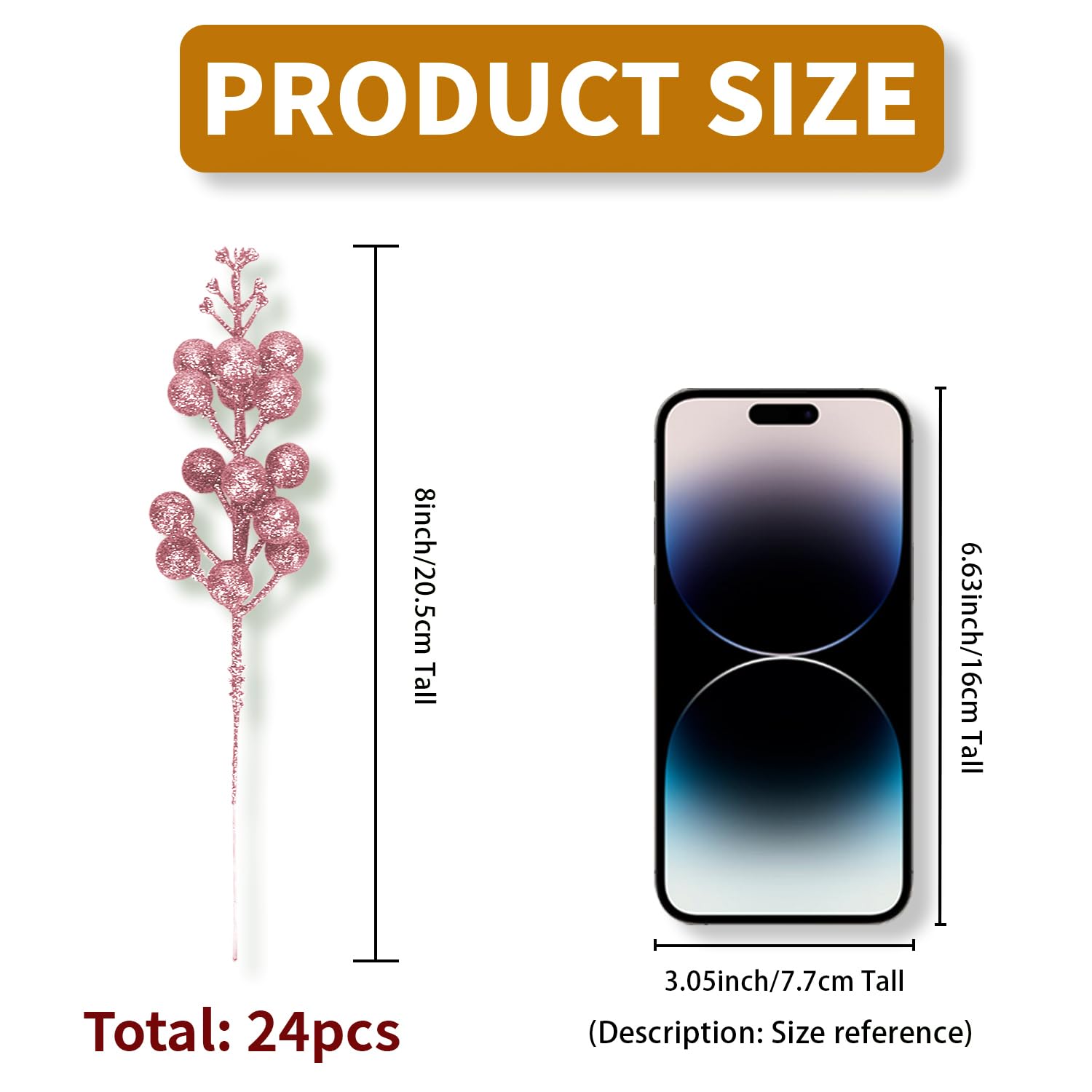 Artificial Pink Berry Stems, 24 Pack 8.7" Christmas Glitter Berries Stems Artificial Fruit Berry Holly Flower Branch Picks Home Holiday Wedding Party Diy Christmas Tree Crafts Decor (Pink)