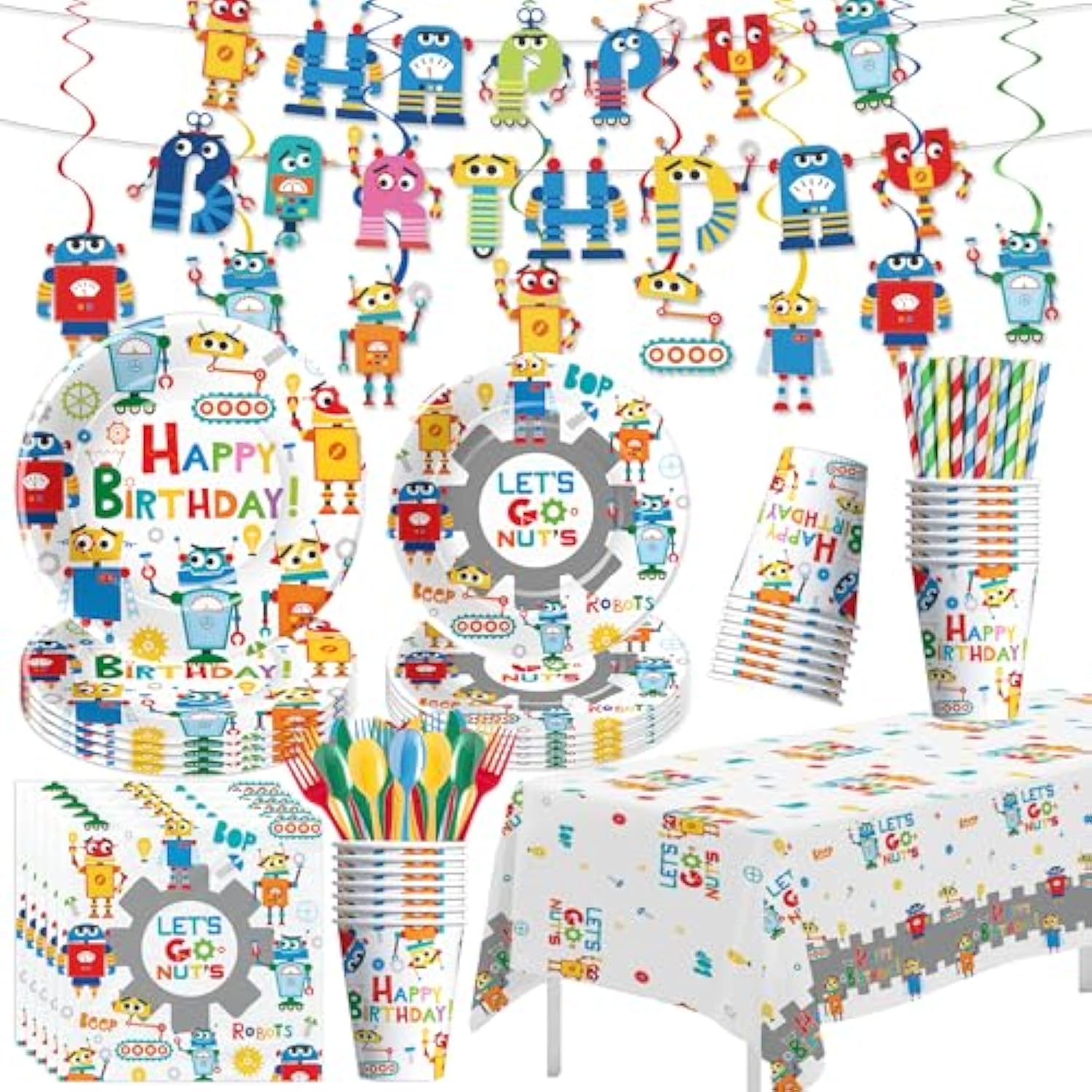Robot Birthday Party Supplies, Let'S Go Nuts Theme Robot Party Decorations For Birthday Baby Shower, Paper Plate, Cup, Napkin, Swirls, Banner, Tablecloth, Cutlery, Serves 24