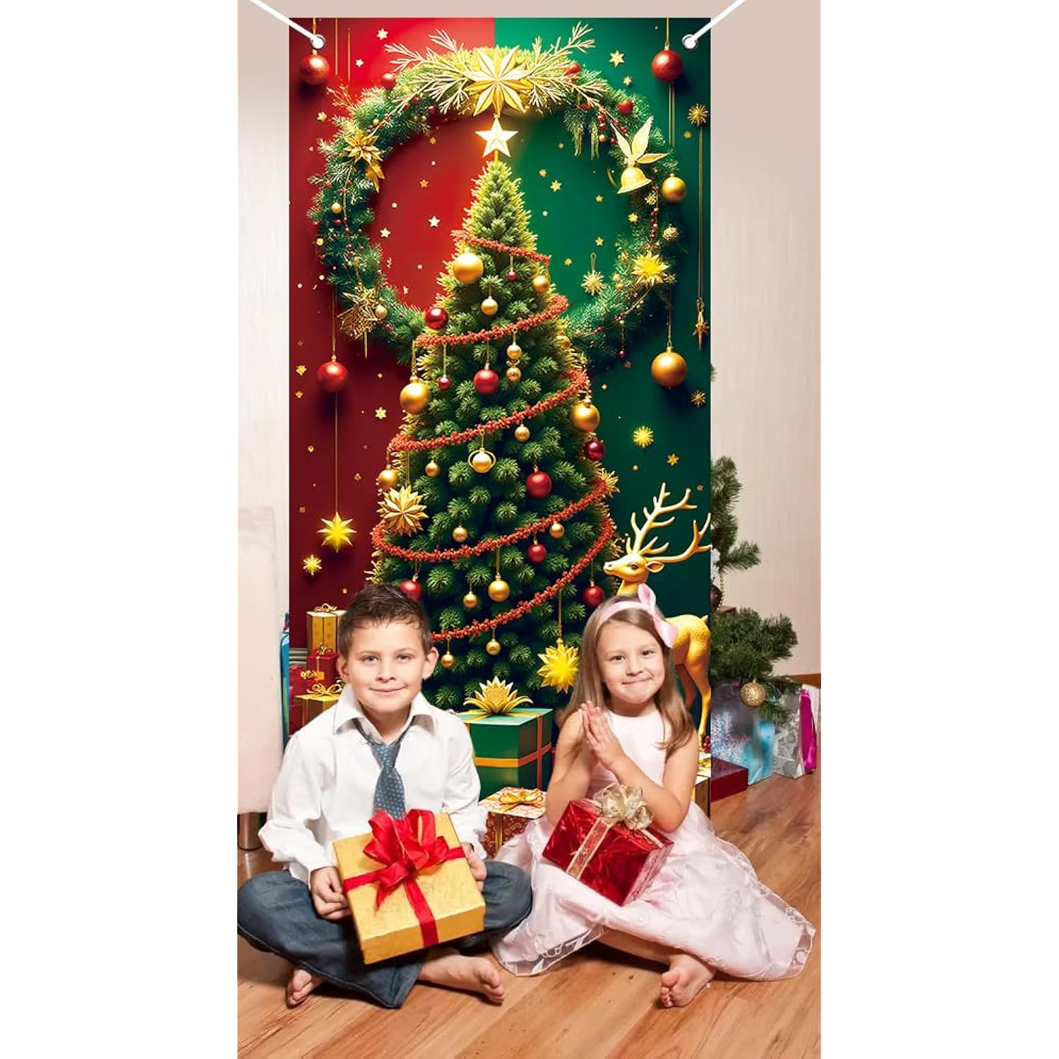 Red Green Christmas Door Cover Tree Elk Banner 3x6 Ft Party Decoration