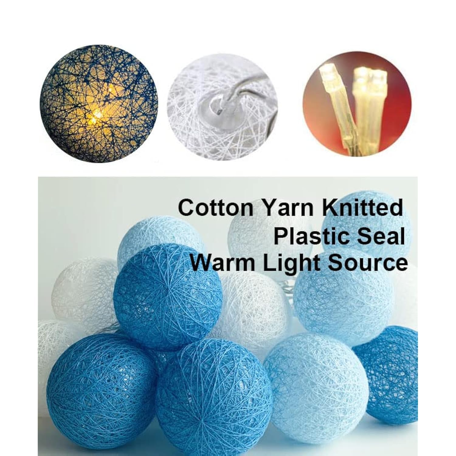 Blue 6Cm Cotton Balls String Lights Pom Pom Lights For Bedroom Playroom 3M/10.2Ft 20 Leds Fairy Lights For Bedroom, Apar