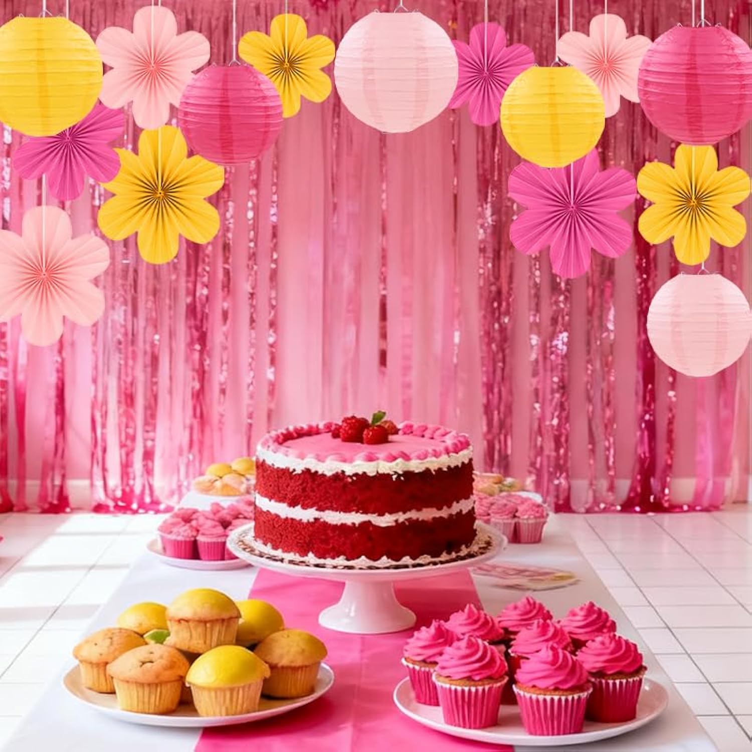 15Pcs Pink Yellow Party Decor Kit, Hanging Paper Lanterns Paper Flowers For Birthday Baby Shower Wedding Classroom Wall Decorations