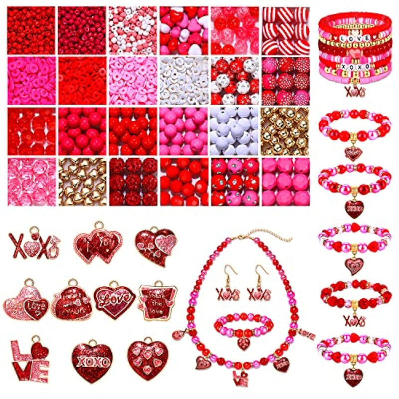 2300Pcs+ Valentine’S Day Beads For Jewelry Making, Red Polymer Clay Beads Assorted Rhinestone Crystal Acrylic Beads Spacer Beads Heart Charms For Bracelet Necklace Making Diy Crafts (2300Pcs A)