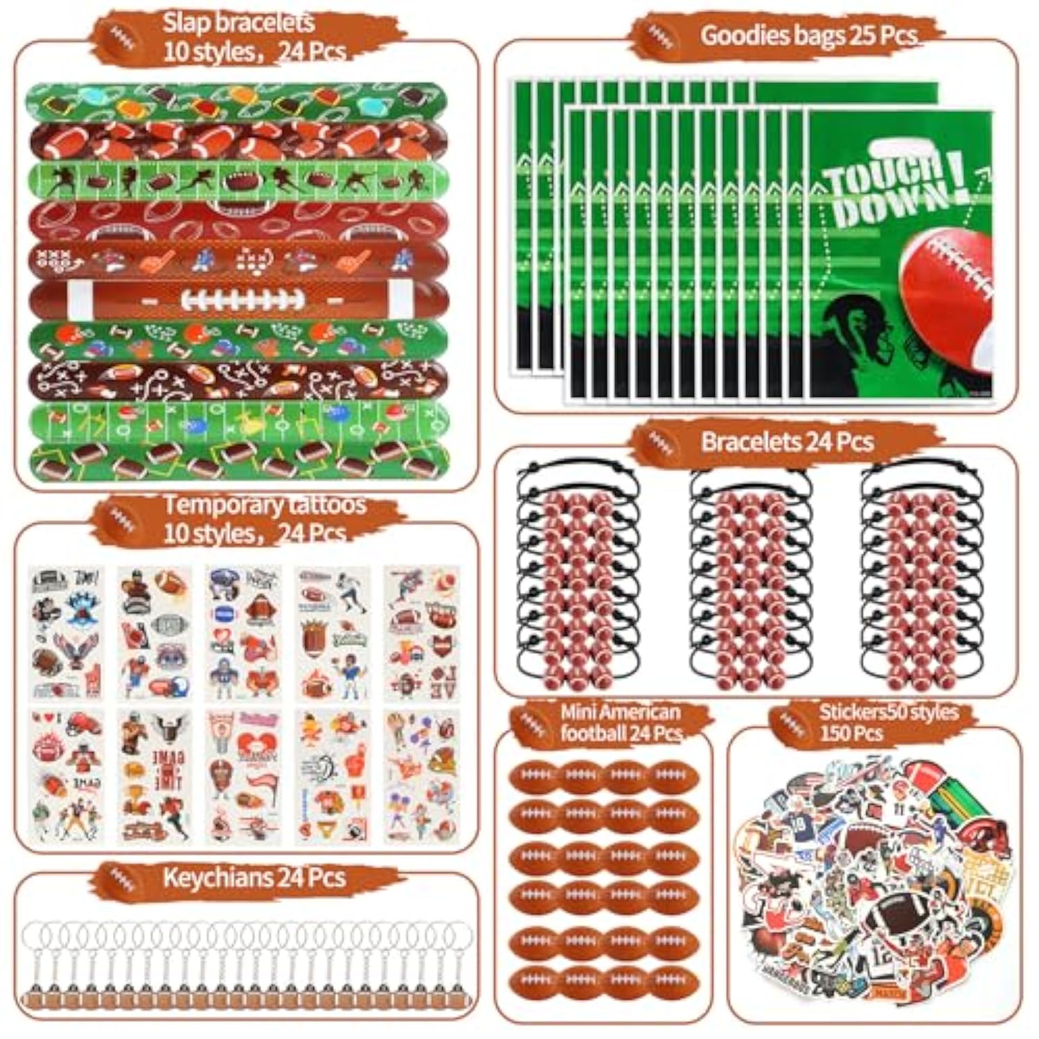 294 Pieces Football Party Favors Football Themed Birthday Gift Goodie Bags Party Faovrs 24 Set Mini Foam Stress Balls,Slap Bracelet, Keychain, Charm Bracelets